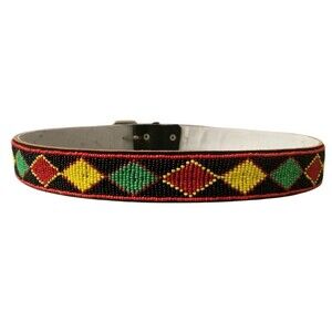 Beaded Leather Waist Belt Handmade Size 38 Red Yellow Green Boho Hippie Festival